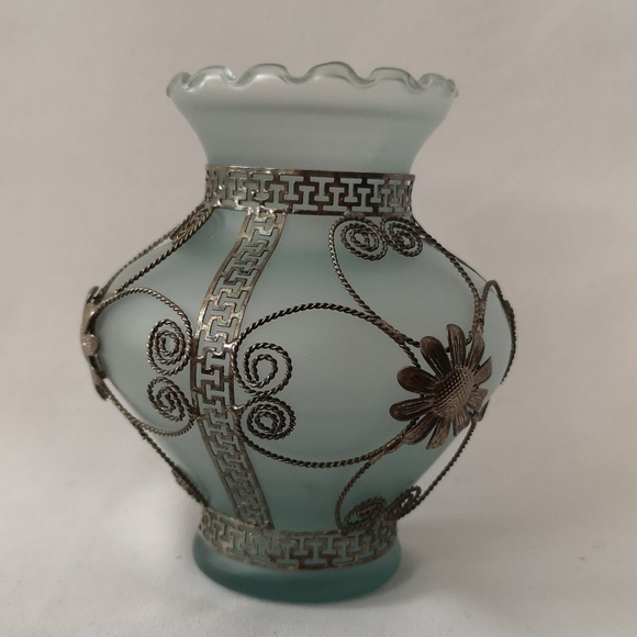 Very Sweet Vintage Blue Gray Satin Glass Vase with Lovely Metal Overlay Design - Picture 2 of 5